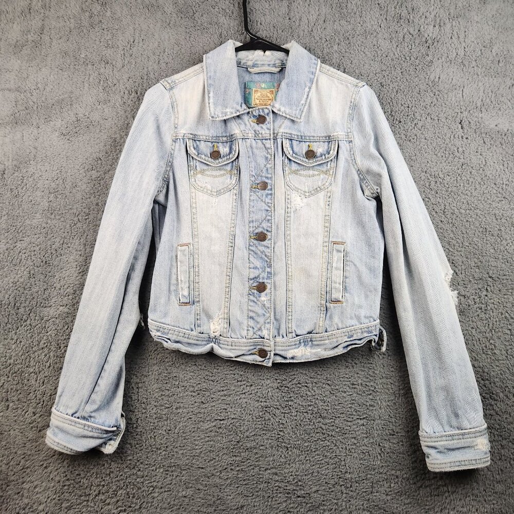 Abercrombie & Fitch Womens Light Wash Denim Jacket Distressed Long Sleeve Size L